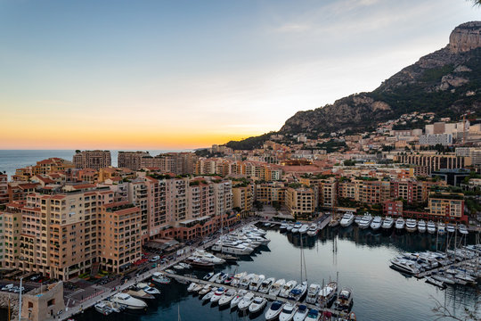 Monaco harbour at sunset.