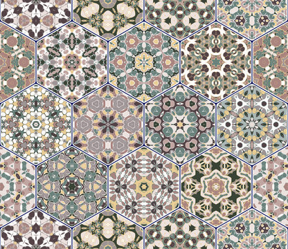 Bright seamless pattern of hexagonal tiles with vintage ornament. Colorful vector set of elements for design of wallpaper, fabric or wrapping paper.