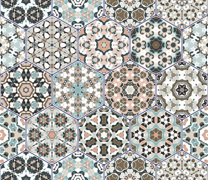 Seamless hexagonal mosaic tiles in vector set. Oriental and ethnic motifs in design patterns.