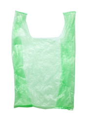 Green plastic bags isolated against a white background. Environmental pollution by disposable bags, recycling