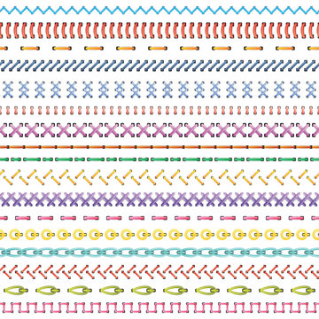 Set of colored stiches . Vector seamless rows