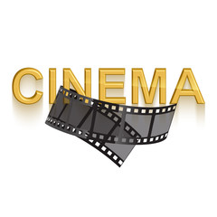 Fototapeta na wymiar Cinema poster design template. 3d golden text of cinema decorated with filmstrip on white background