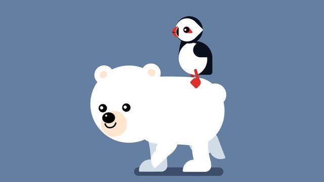100 baby animals. Walk cycle of a baby polar white bear with bird puffin. Puffin riding white bear. 2D animation made in 4K, loopable clip with alpha channel. Copy space