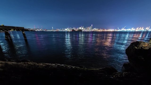Wide Harbor Timelapse of Elliot Bay Seattle at Night