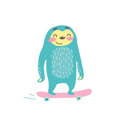 cute cartoon sloth riding a skateboard.  - shy and cute. colorful cartoon animal illustration