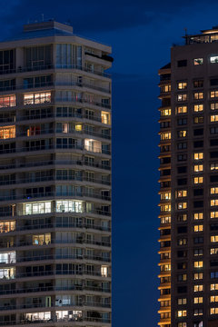 Two high rise buildings at night, Sydney, Australia