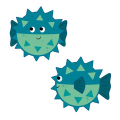 set cute vector illustration cartoon fish Fugu. blue globefish isolated on white background