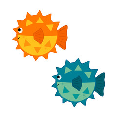 set cute vector illustration cartoon fish Fugu. orange and blue globefish isolated on white background