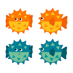 set cute vector illustration cartoon fish Fugu. orange and blue globefish isolated on white background
