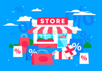 Vector illustration of the facade of the store, with shopping packages, discounts in the store