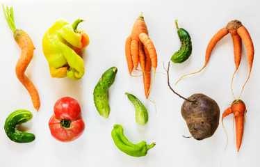 Ugly vegetables on a white background. Ugly food concept, flat lay. - obrazy, fototapety, plakaty