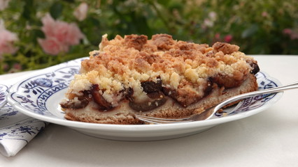 Slice of traditional German plum cake 
