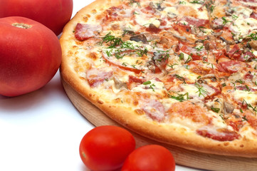 Fresh tomato, mushroom, cheese and sausage pizza on a round board isolated on white