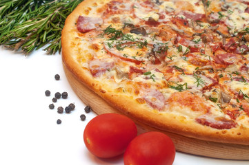 Fresh tomato, mushroom, cheese and sausage pizza on a round board isolated on white