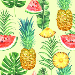 Seamless watercolor pattern with pineapples, watermelons and tropical leaves.