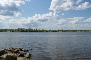 Panoramic landscape view of Dnipro river and its Right bank of Obolon district, Kyiv 