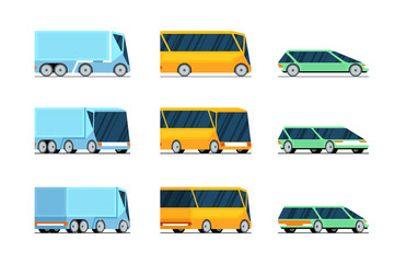 Car bus truck side front and back view stylish design concept set. Futuristic electric hybrid auto motor vehicle. Modern flat vector color transport illustration