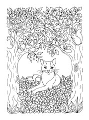 Vector illustration zentanglel. A cat is resting under the trees in a meadow among the flowers. Coloring book. Antistress for adults and children. Work done in manual mode. Black and white.