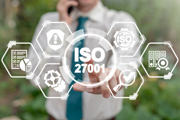 ISO 27001 Certification Security Information Standard. International Organization for Standardization, requirements, certification, management, standards, iso27001 concept. - obrazy, fototapety, plakaty