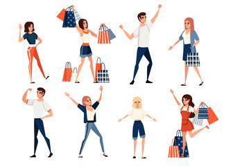 Set of happy people men and women wearing casual clothes with upraised hands and woman with shopping bags cartoon character design flat vector illustration
