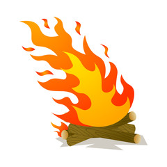 Hot burning campfire under power wind in forest