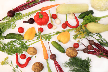 Summer vegetables on white background, top view, copy space. Pepper, dill, tomatoes, onions, beets, cucumbers, zucchini, ingredients for salad,
