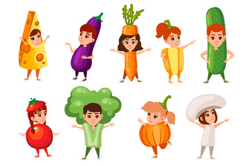 Fototapeta premium Set of boys and girls kid wearing vegetables and other food costume cartoon character design flat vector illustration isolated on white background
