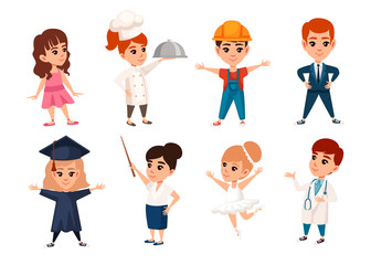 Set of boys and girls kid wearing costumes of different professions cartoon character design flat vector illustration isolated on white background