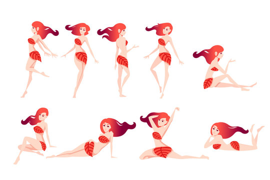 Set of beautiful fashion woman standing in different poses with red abstract hair and wearing red leaves cartoon character design flat vector illustration