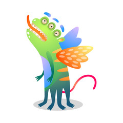 Cute green colorful monster with three eyes and wings