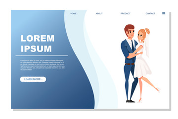 Man and women wedding in love hugging couple cartoon character design flat vector illustration on white background horizontal banner website page design