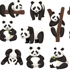 Seamless pattern of cute big panda in different poses cartoon animal design flat vector illustration © Alfmaler