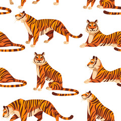 Obraz premium Seamless pattern of adult big red tiger wildlife and fauna theme cartoon animal design flat vector illustration on white background