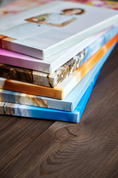 Photography canvas prints. Stacked colorful photos with gallery wrapping method of canvas stretching on stretcher bar, lateral side