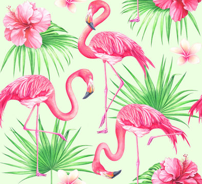 Watercolor seamless tropical pattern with flowers, palm leaves and flamingos.