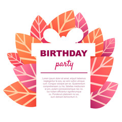 Birthday party card template with red leaves flat vector illustration