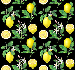 Watercolor lemon pattern on black background