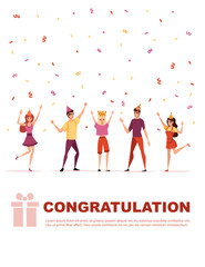 Birthday party card template with confetti and happy people cartoon character design flat vector illustration vertical banner design