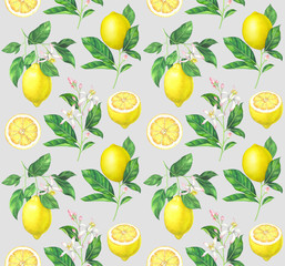 Watercolor lemon pattern on gray background