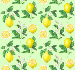 Watercolor lemon pattern on light green background