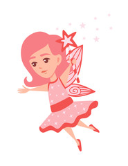 Flying butterfly fairy with star shape magic wand and wearing pink clothes cartoon character design flat vector illustration