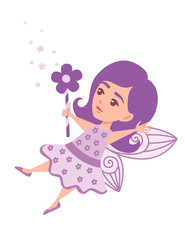 Flying butterfly fairy with flower shape magic wand and wearing purple clothes cartoon character design flat vector illustration