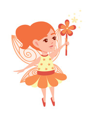 Flying butterfly fairy with flower shape magic wand and wearing orange clothes cartoon character design flat vector illustration