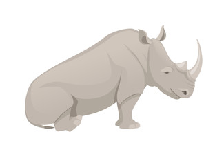 African rhinoceros sitting on the ground side view cartoon animal design flat vector illustration isolated on white background
