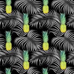 Naklejka premium Seamless pattern with pineapples and tropical branches. Watercolor illustration.