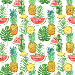 Seamless watercolor pattern with pineapples, watermelons and tropical leaves.