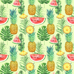 Seamless watercolor pattern with pineapples, watermelons and tropical leaves.