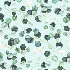 Watercolor seamless pattern with eucalyptus leaves and little white flowers.