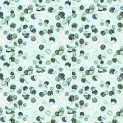 Watercolor seamless pattern with eucalyptus leaves and little white flowers.