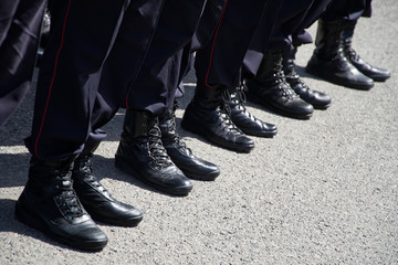 Army boots of Russian police in July 2019. Law and order and uniform. Problems of opposition...